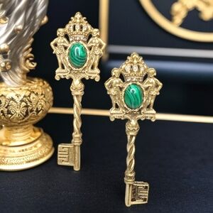 Royalty Regal European French Key Crown  Malachite Cabochon Earrings